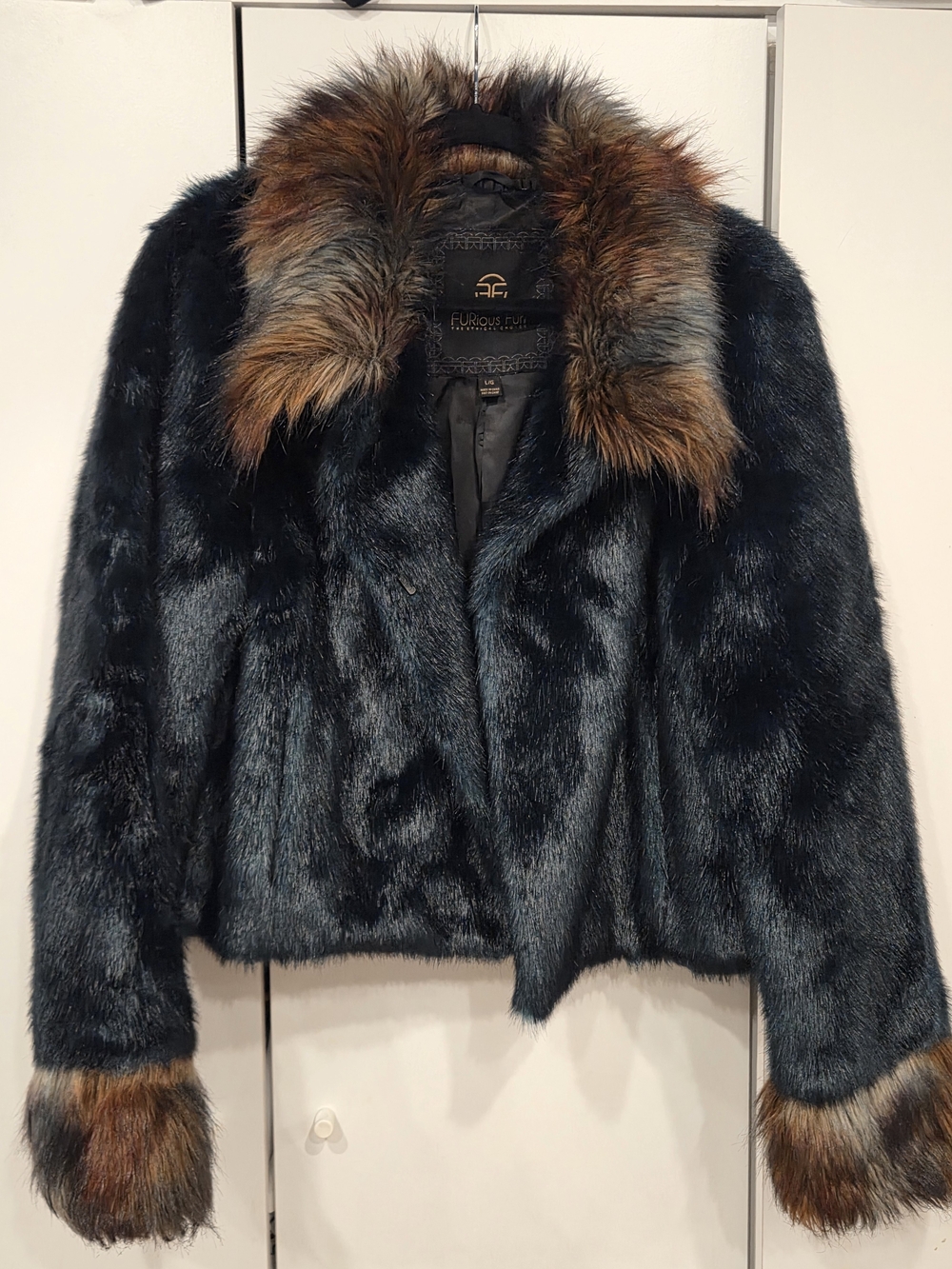 Fur-Trim Navy Teddy Jacket with Brown Accents